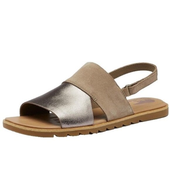 Sorel | Ella II Slingback Flat Comfort Sandals | NL4664-240 Brown Leather - Picture 1 of 7